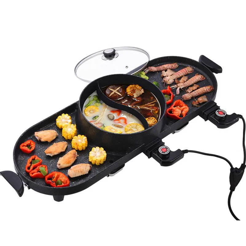 

Электрическая гриль, домашняя барбекю-машина, Raclette с горячим горшком, регулируемая температура, Бездымная сковорода для барбекю, 1400 Вт