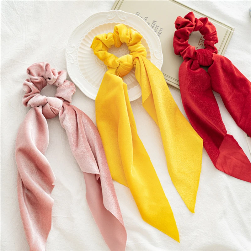 Резинка для волос однотонная Золотая фланелевая лента Женский хвостик шарф