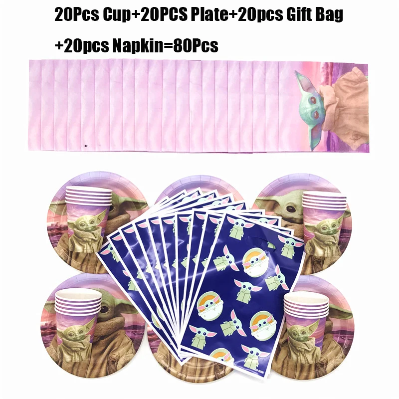 

80Pcs/50Pcs Pink Yoda Baby Disposable Tableware Sets Cups Plates Napkin Gift Bag Baby Shower Kids Birthday Decorations Supplies