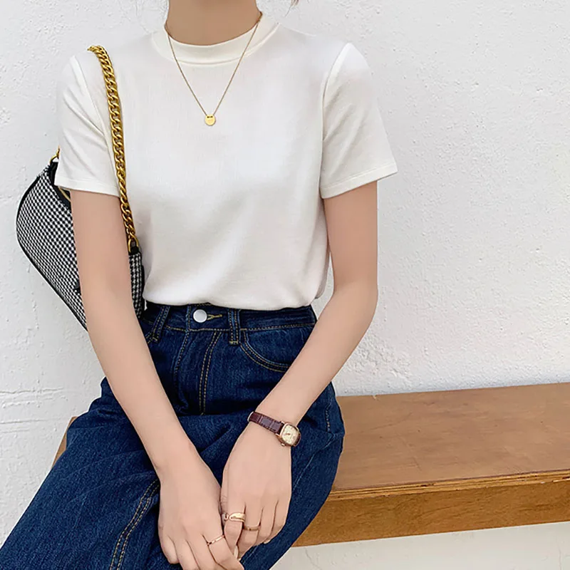 

2021 Summer Solid Color Tshirts For Womenâ€™s Short Sleeve O Neck Korean Cotton Woman T-shirts Tops Casual white Slim Tee Shirt