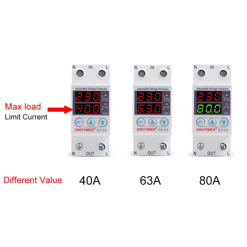 Домашний Применение двойной светодиодный Дисплей 40A 63A 80A Din Rail 230 В Регулируемая Защита от скачков напряжения реле с предельный ток защиты