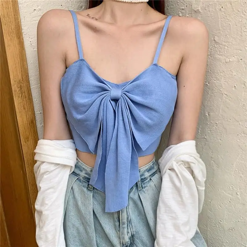 

ZN Chic Chiffon Sexy Bowknot Sleeveless Camis Vest Women Summer Solid Blouse Spaghetti Strap Crop Tops Female Clothing Tanks