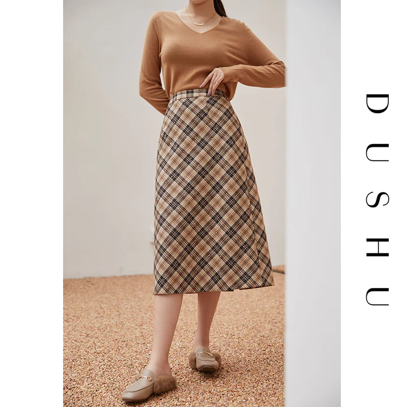 

DUSHU Plus Size Plaid Long Sequined Skirt Women Elegant High Waist Check A-line Skirt Autumn Winter Female Party Vintage Skirts