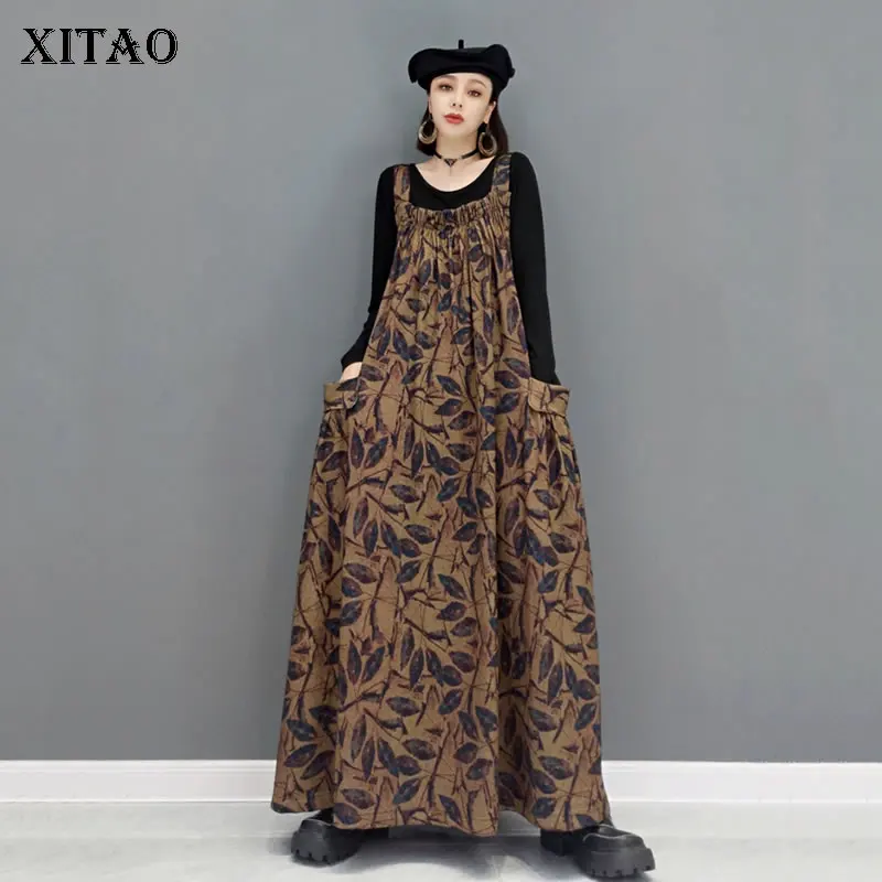 

XITAO Vintage Print Fold Suspenders Dress Fashion Casual Loose Large Size Square Collar Autumn New All-match 2021 WMD2976