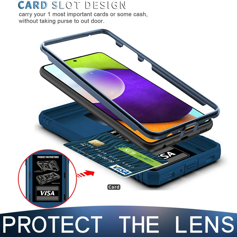 Military Card Armor Case For Samsung Galaxy S21 Ultra S20 FE S10 Plus Protect Lens Cover A72 A52 A42 A32 5G A12 A02 Fundas Coque