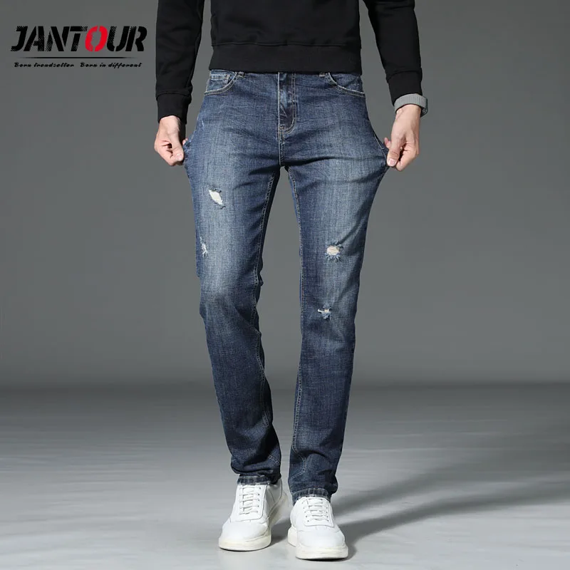 

Jantour Men Jeans Autumn Winter Baggy Jeans 2022 Goth Pants Fashion Streetwear Men Blue Scratched Ripped Jeans Big Size 44 46 48