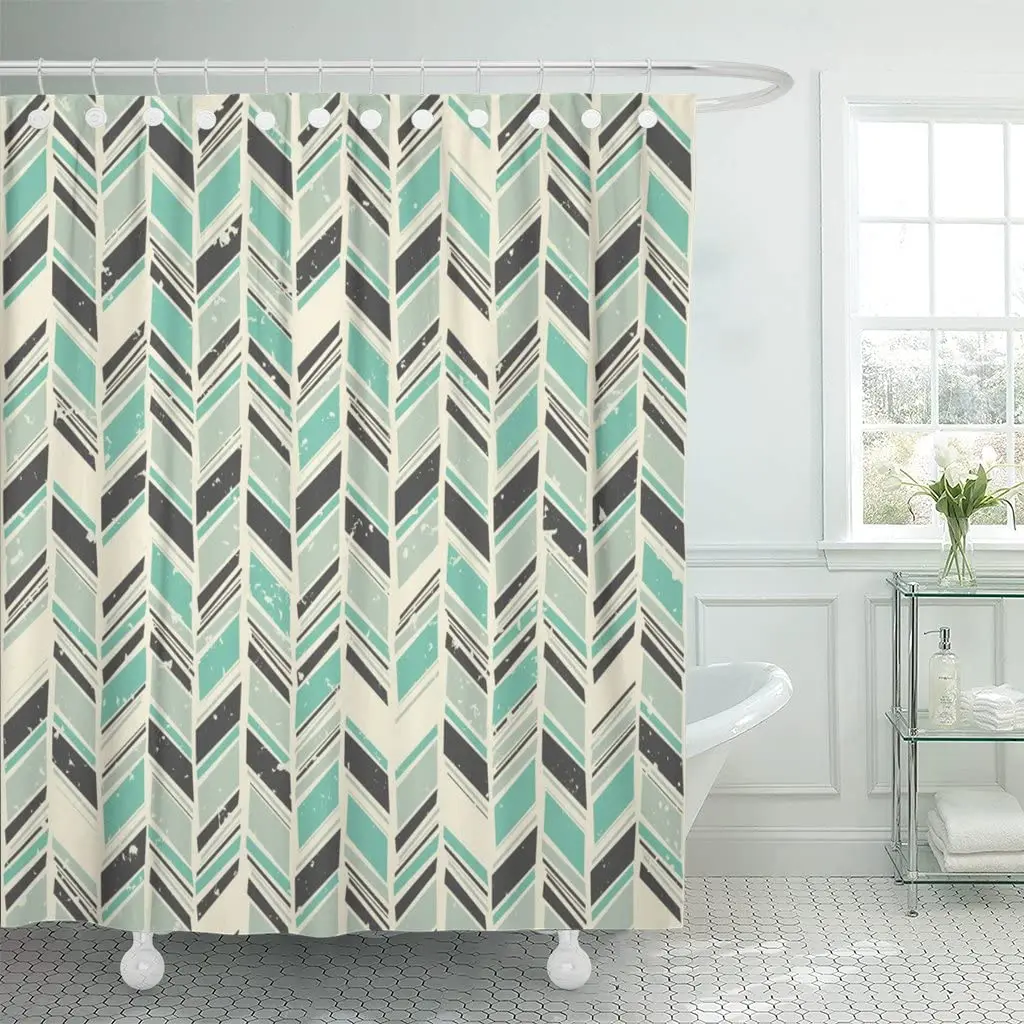 Занавеска для душа с синим зигзагообразным узором в сером и зеленом пастельных