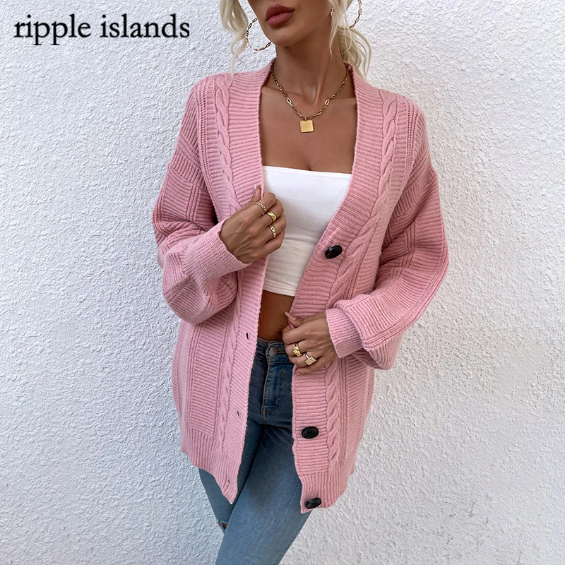 

Ripple Islands-Women's Sweater Knit Cardigan Twist Mid-Length Button Women's Jacket Warm Solid Color Top Autumn And Winter