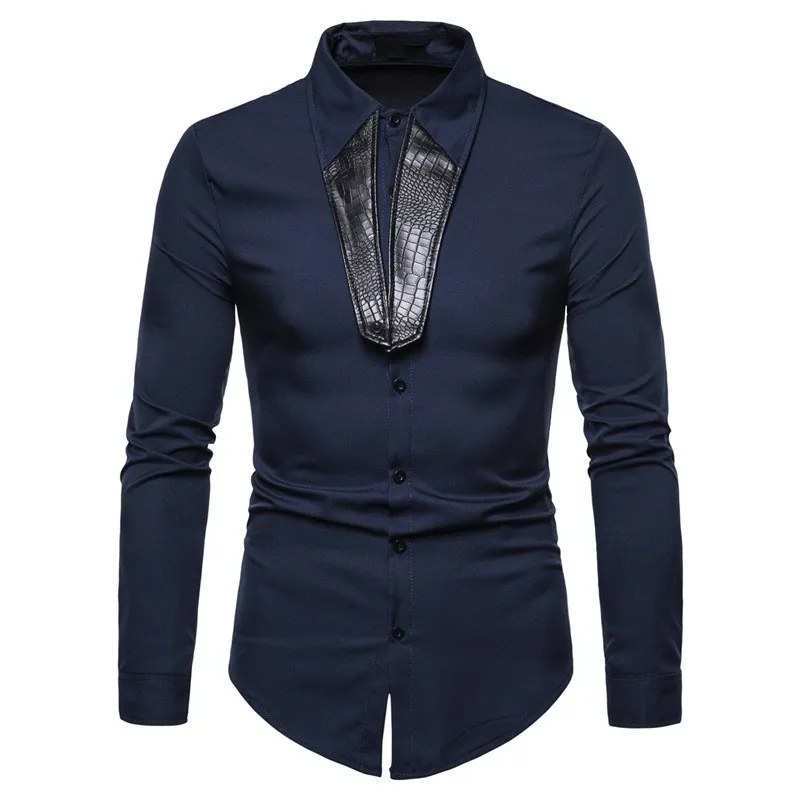 

2020 Brand Fashion Male Shirt Long Sleeves Tops Fashion Splice PU Leather Mens Casual Shirts Slim Fit Man High Quality Clothes