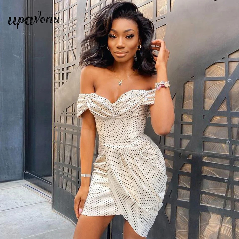 

Fashion Dot Print Dress Women Sexy Strapless Short Sleeve Drape High Waist Mini Dress Club Evening Party Dress Vestidos 2020 New
