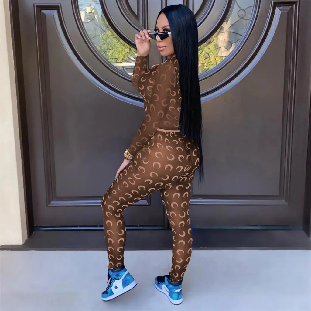 

Casual Blue Print Two Piece Matching Set Women Front Zipper Crop Top And Long Pants Long Sleeve Clothes Sweat Suits