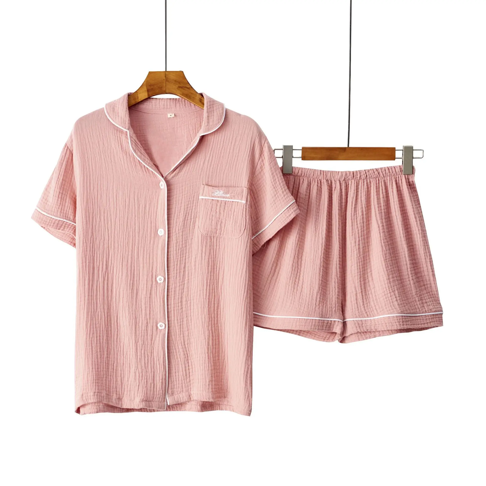 

Lady Sleep Set Nightwear With Pocket Cotton Pajamas Suit 2pcs Lovers Shirt& Elastic Shorts Couple Lounge Intimate Lingerie