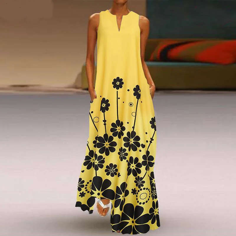 

Женская обувь с принтом Открытое платье без рукавов богемное Летнее Длинное Повседневное платье с длинным рукавом, женская с карманами с v-о...