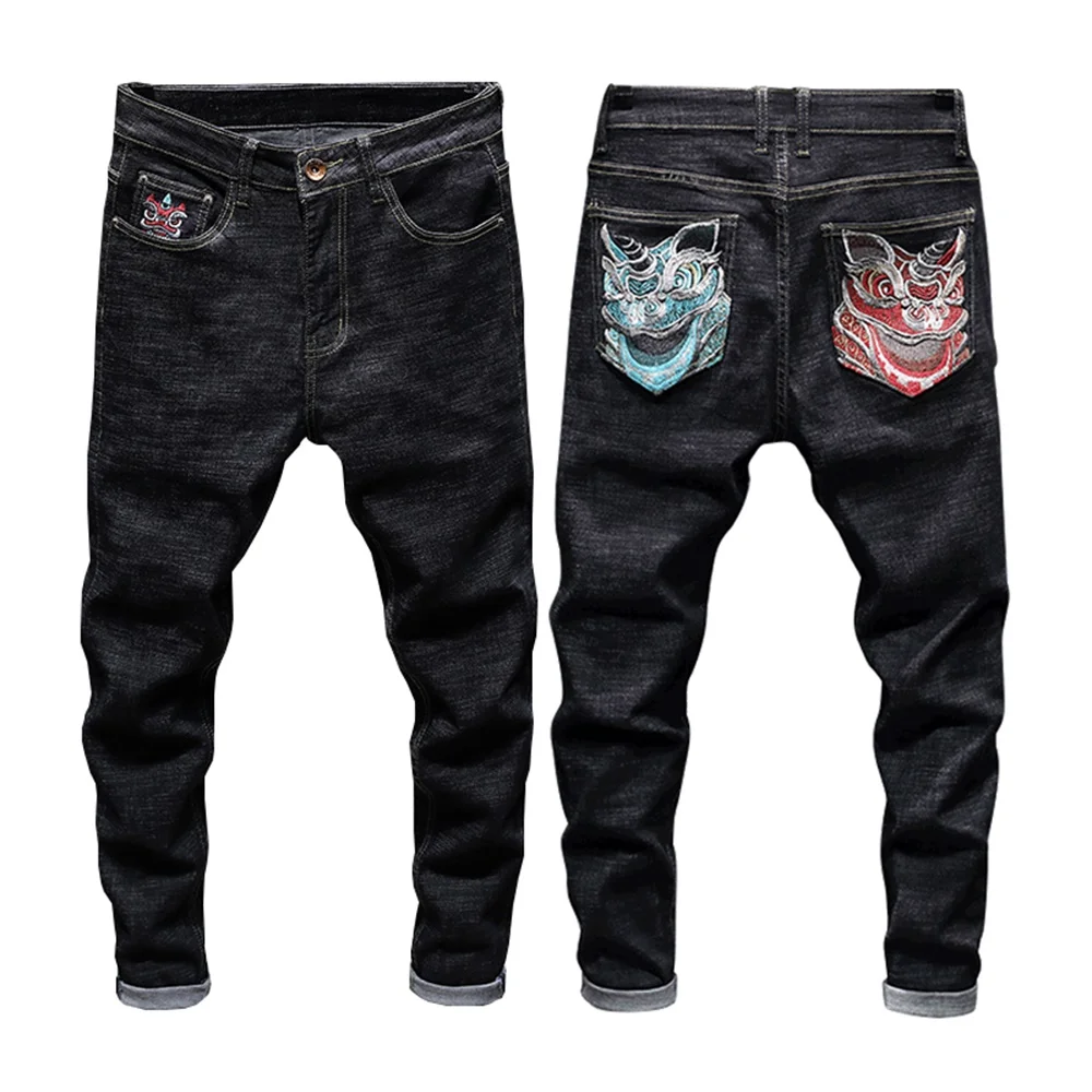 EH·MD® 2020 Red Ear Denim Lion Head Embroidery Pattern Jeans Men's Chinese Retro Small Straight Loose Black Trousers Golden Silk