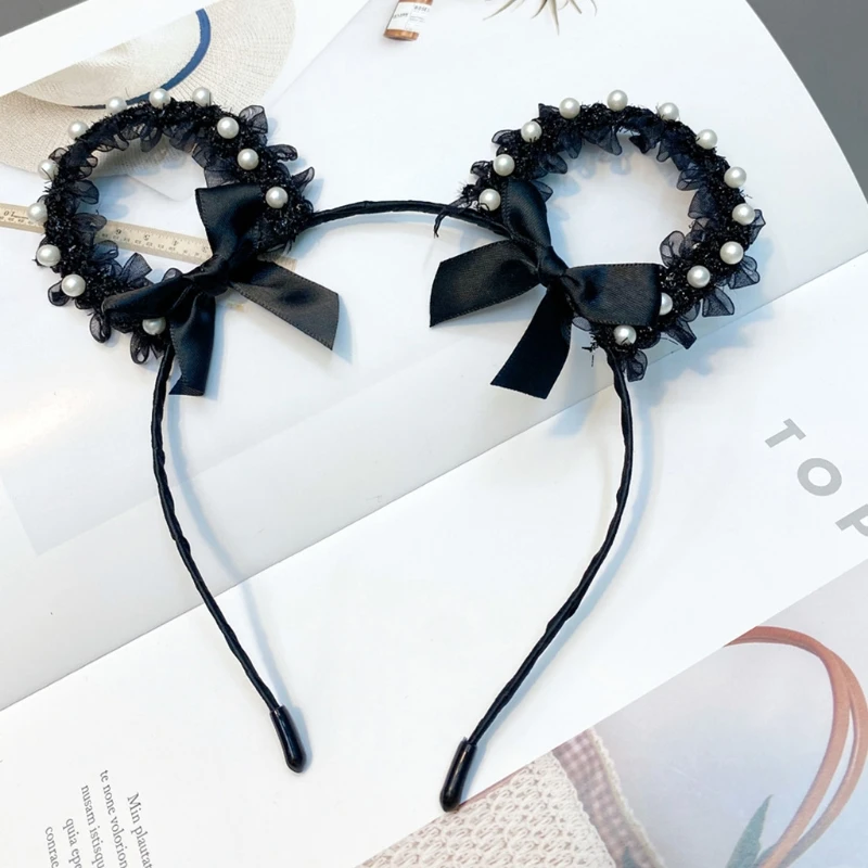

Sweet Headbands Cute Pearl Lace Cat Ears Headwear with Bows Sweet Kawaii Bowknot Cosplay Headpiece Party Supplies