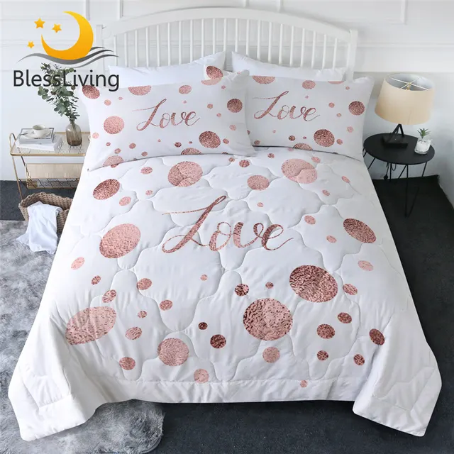 BlessLiving Love Bedding Queen Letters Summer Duvet Glitter Quilt Set Rose Gold Air-conditioning Comforter Girls Bed Cover 3pcs 1