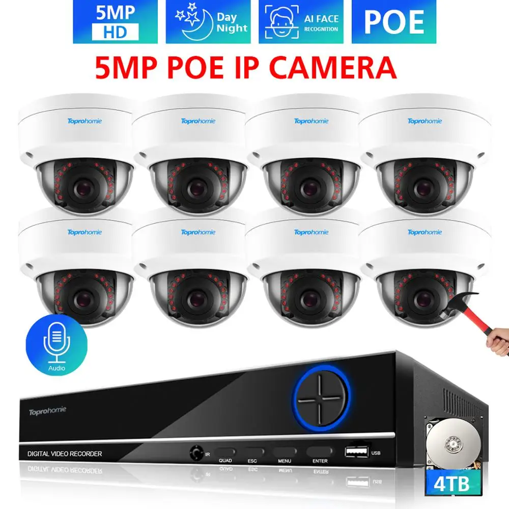 IP камера TOPROHOMIE H.265 + 8 каналов POE 48 В 5 МП антивандальная с записью звука|Система