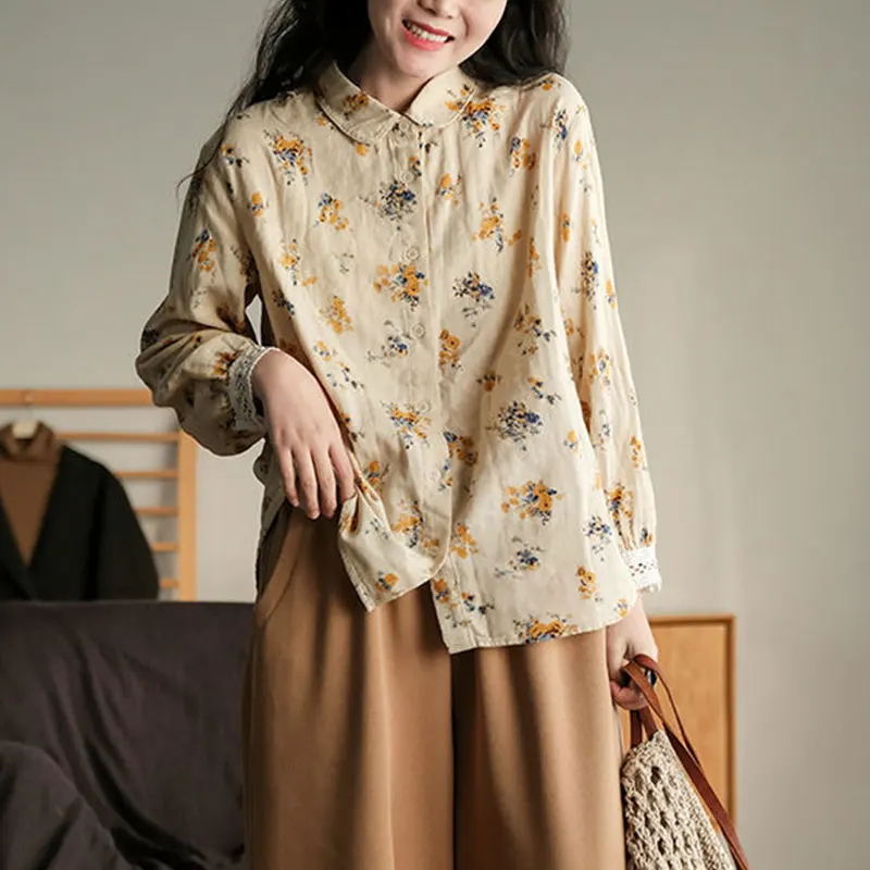 

2021 Spring Autumn New Arts Style Women Long Sleeve Turn-down Collar Loose Casual Shirts Cotton Linen Vintage Print Blouse V435
