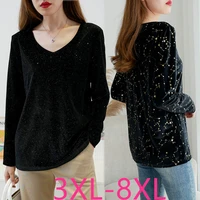 new ladies autumn winter plus size women clothing tops for women large long sleeve loose v neck sequin black t shirt 7xl 8xl