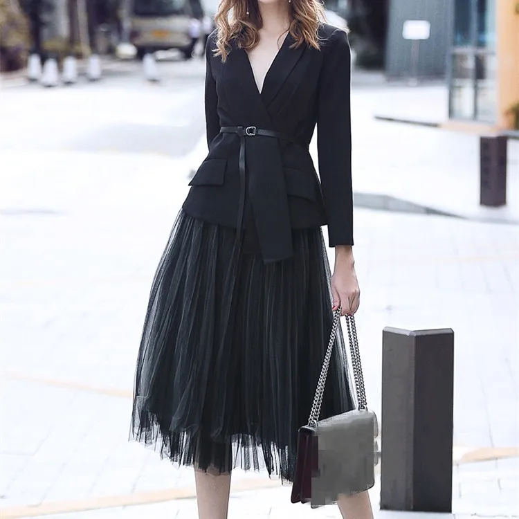 Женский черный комплект из двух предметов Осенний ассиметричный пиджак с