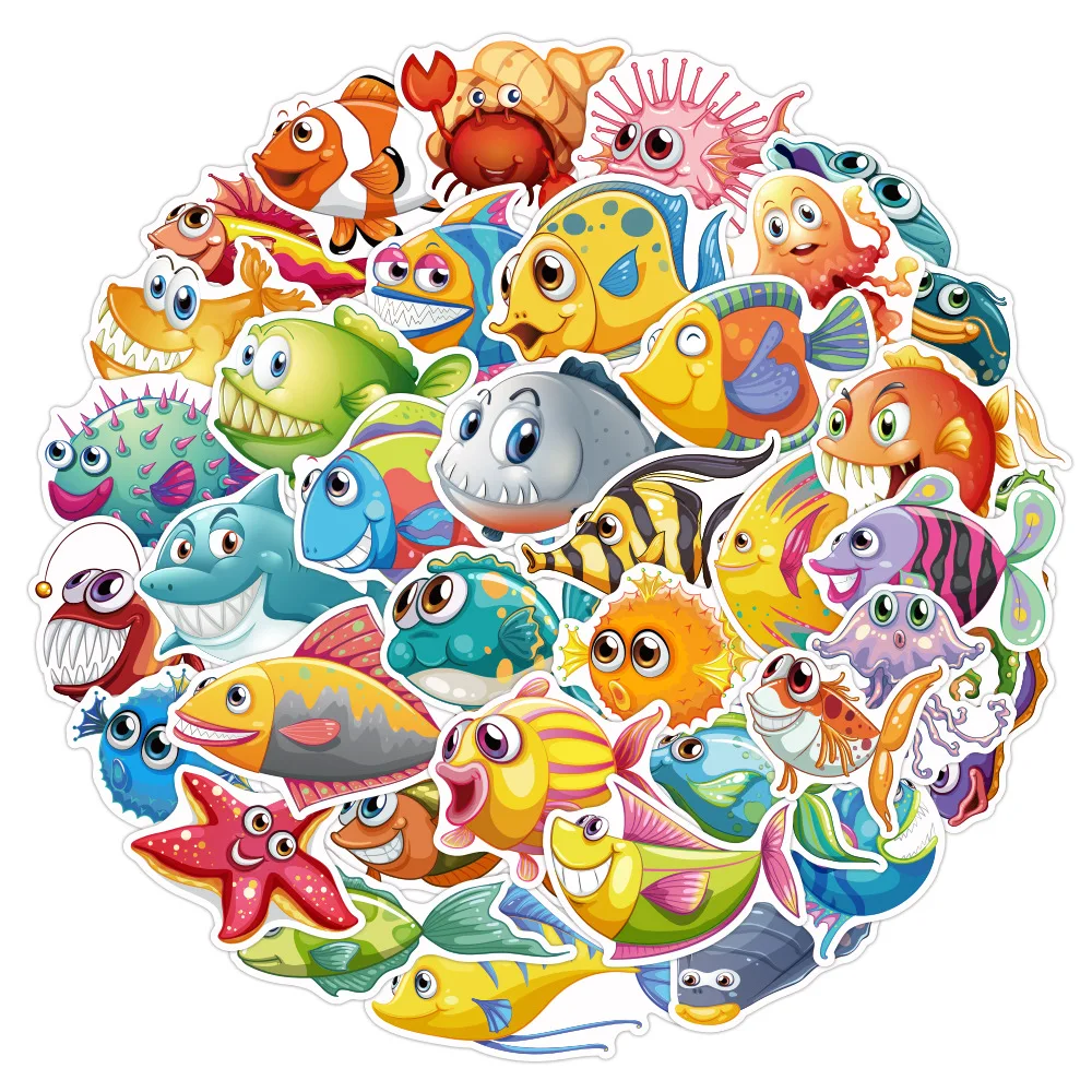 10/40pcs Mixed Cute Undersea Fish Cartoon Stickers Toy for Children Ocean Shark Decal Animal Kids Boy Girl Rewards Sticker | Игрушки и