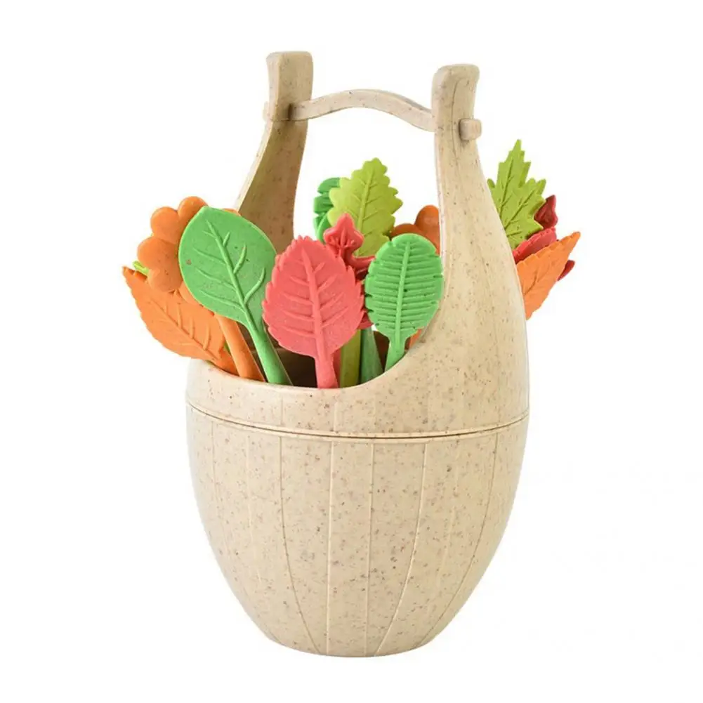 

Wheat Straw 1 Set Excellent Fruit Fork with Storage Bucket Lightweight Cake Fork Vibrant Color for Office