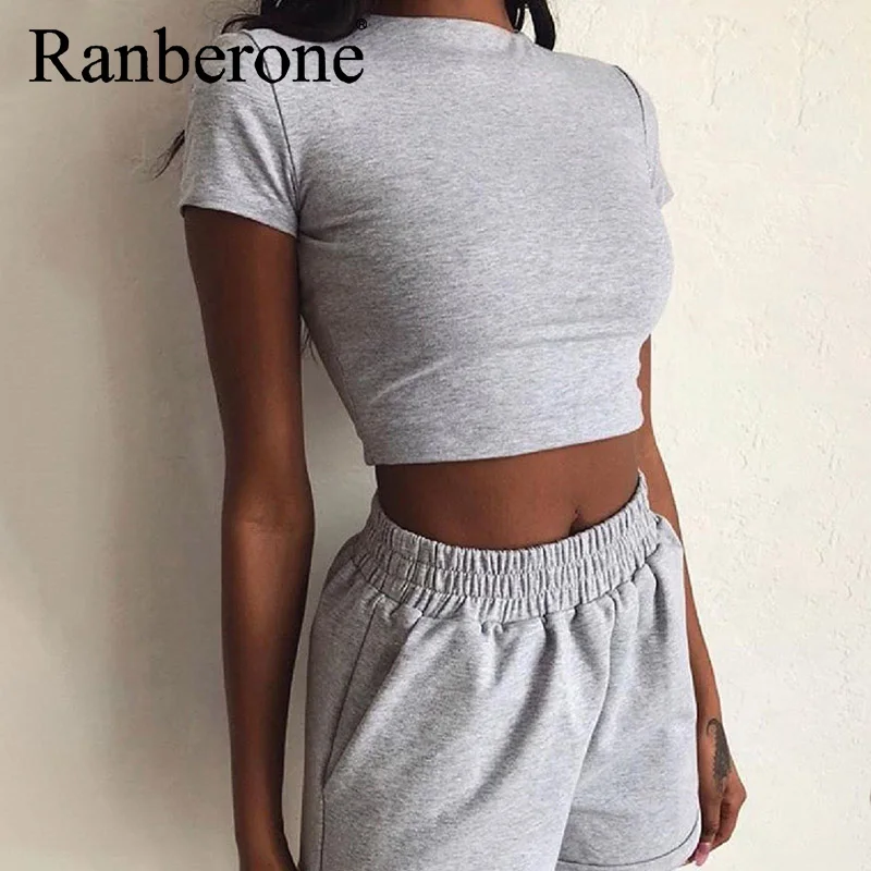 Ranberone Women's Tracksuit Sexy Gym Set Women Workout Shorts Sports Suit Casual Fitness Sportswear Running 2 Piece Yoga Set