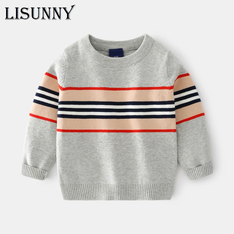 

Свитер для мальчиков, пуловер сезона осень-зима 2021 года, хлопковый Детский свитер в полоску в европейском и американском стиле с круглым выр...