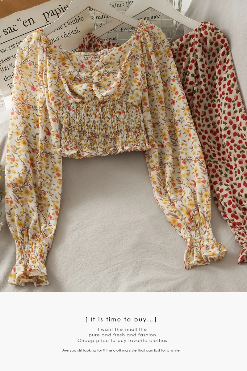 

French Retro Pleated Waist Women Short Shirts FZ196 Ladies Girls Spring Summer Printed Long Sleeve Blouse Tops