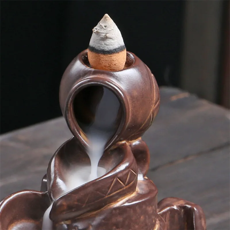 Ceramic Retro Backflow Incense Burner Smoke Waterfall Stick Holder Hand Carved Gourd Censer Home Decor + 20pcs Cones | Дом и сад