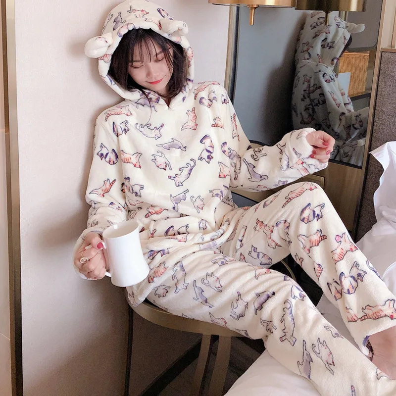Осенняя и зимняя Пижама женский костюм с длинными рукавами фланелевая Толстая
