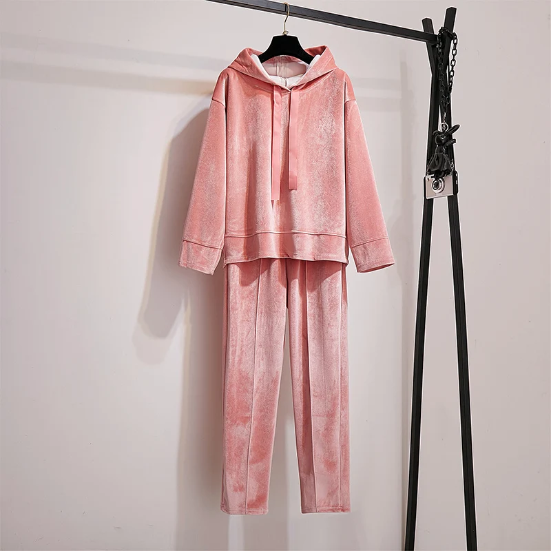 Pink Большой плюс размер бархатные спортивные толстовки костюмы спортивный костюм женские толстовки брюки комплект из 2 предметов Женская Спортивная одежда для бега Комплект топ брюки костюм - Цвет: Pink
