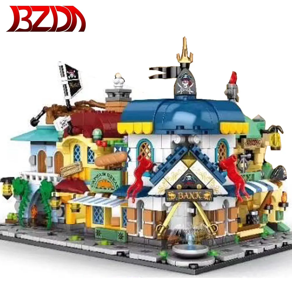 

BZDA Sunday Block Pirate Street View Building Blocks Ice Cream Shop, Hotel, Grocery Store Etc Model Mini Bricks House Kids Toys