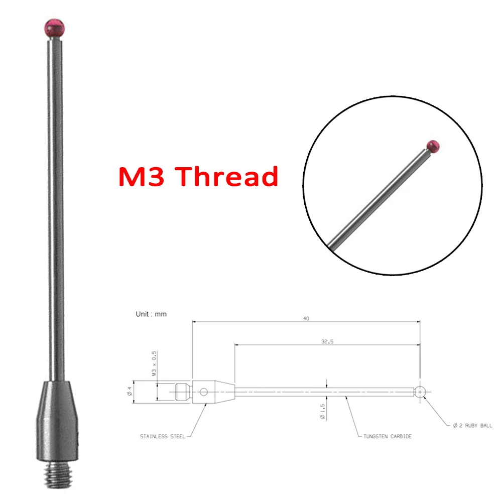 CMM сенсорный щуп M3 резьбовой Стилус 2 мм Шариковые наконечники из резины 40 длинные