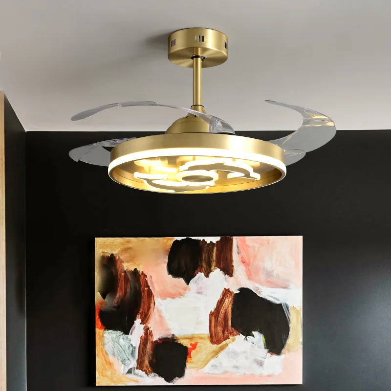 

Nordic Living Room Fan Chandelier Modern Minimalist All Copper Invisible Ceiling Fan Light Led Dining Room Bedroom Fan Light