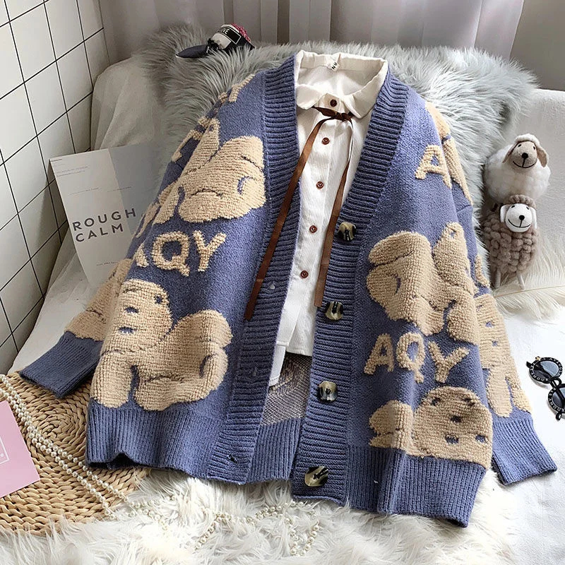

Autumn Winter Women Cardigan Jacket 2021 Cartoon Print Loose Sweater Top Coat V Neck Letter Print Knitted Cardigan Woman Clothes