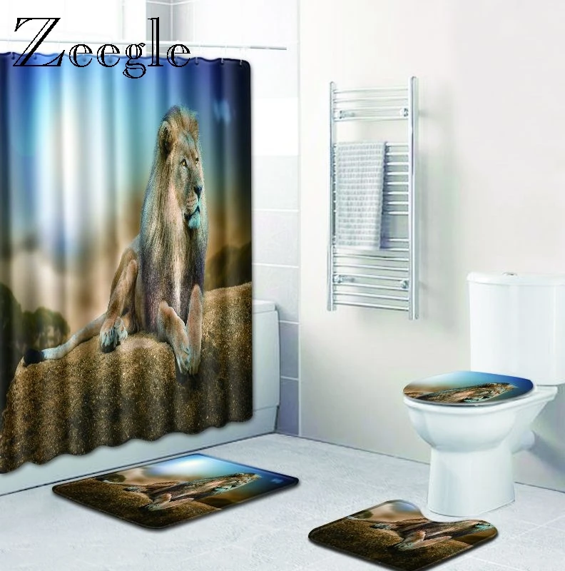 

Zeegle Lion Pattern Bathroom Mats 4PCS Anti Slip Mat for Bathroom Microfiber Bath Rug Toilet Floor Carpet Shower Floor Mats Set