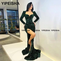 yipeisha high split sequin evening dress long sleeves red mermaid pageant gown royal blue sexy slit party dresses robe de soiree