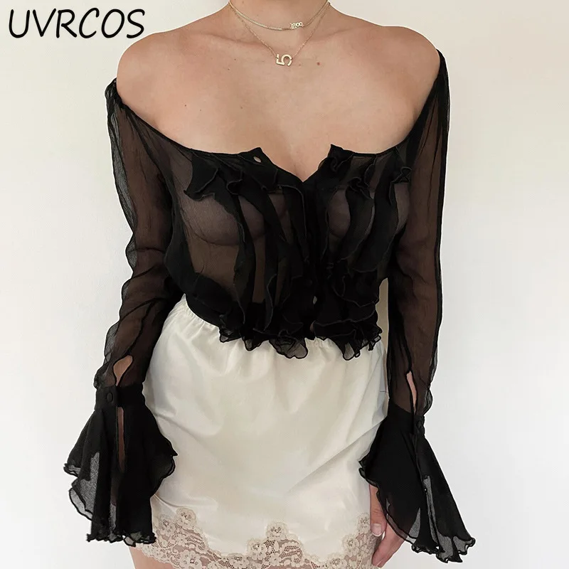 

Mesh Nightclub Women Black Solid Semi Transparent See Through Long Flare Sleeves Square Neck Sexy Top Fashion Party Club Y2K