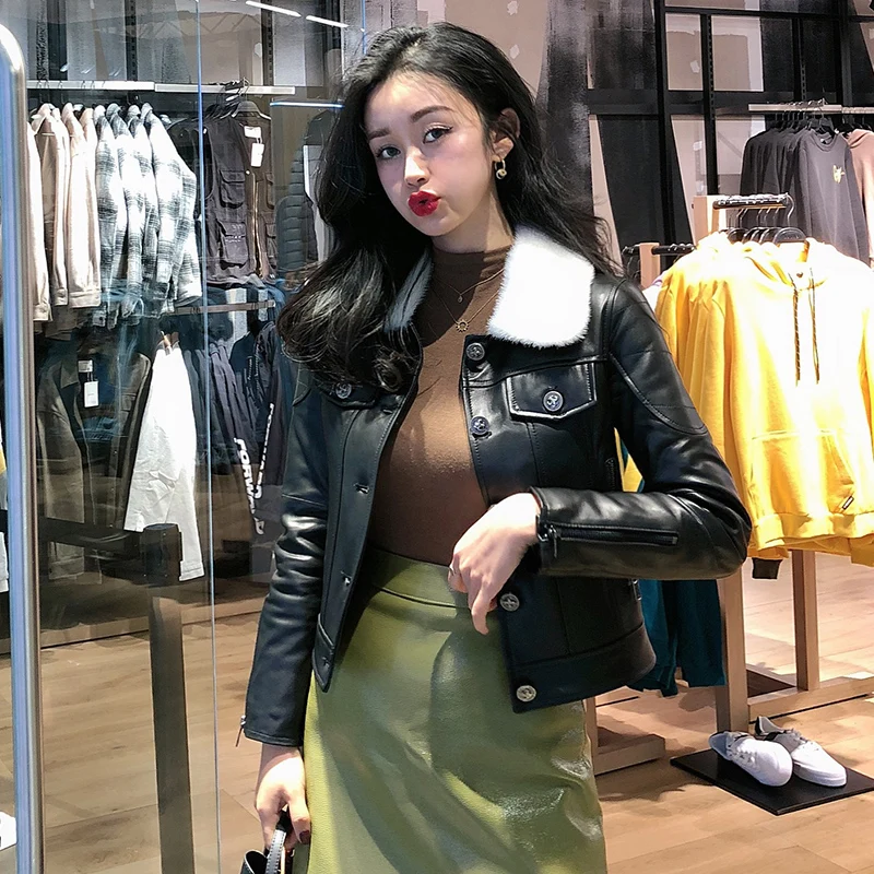 

JCHB 2021 new Mink spring fur and autumn genuine leather coat women's sheep leather motorcycle slim short leather jacket