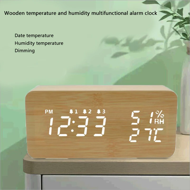 LED Wooden Temperature and Humidity Alarm Clock Table Voice Control Digital Wood Electronic Desktop Clocks Decor | Дом и сад