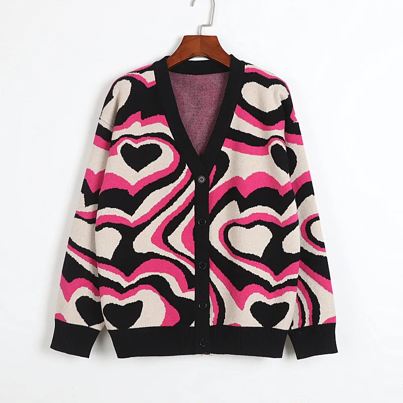 

Женский Жаккардовый трикотажный кардиган контрастных цветов, новинка весны 2021, кардиган, свитер с V-образным вырезом и длинным рукавом, свит...