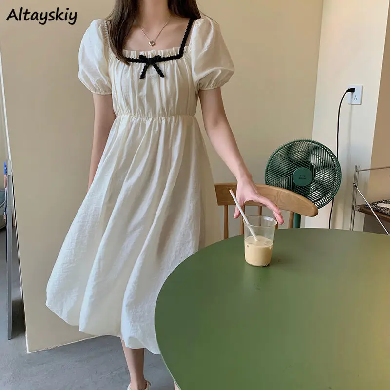 

Dresses Women Puff Sleeve Tender Elegant Summer BF Empire All-match Fashion Breathable Mujer Stylish Oversize Vestido Feminino