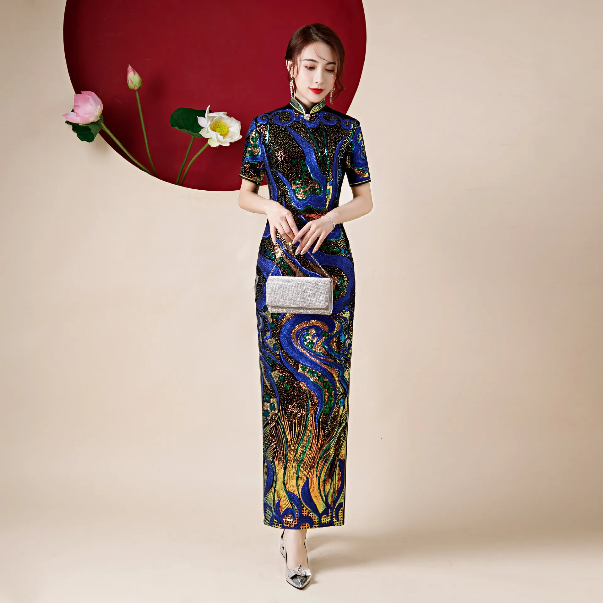 

Новинка, модное синее платье Ципао с блестками в китайском стиле, классическое элегантное женское платье Ципао с высоким разрезом, новинка, ...