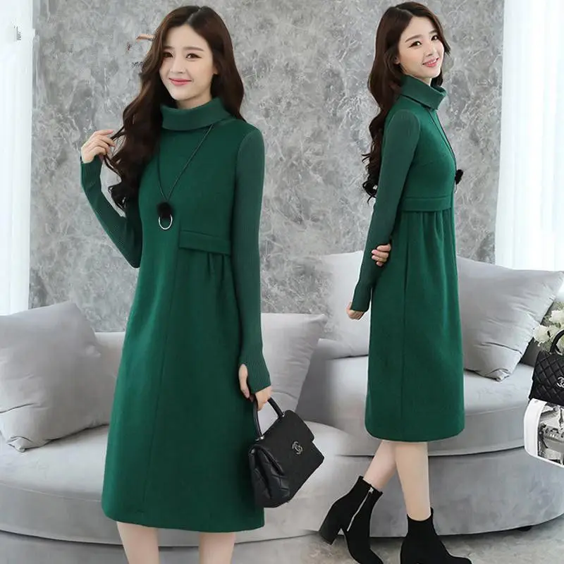 

Ladies Woolen Dress for Women Knit Long Sleeve Turtleneck Elegant A-line Dress Thick Autumn Winter Plus Size Casual Midi Dress