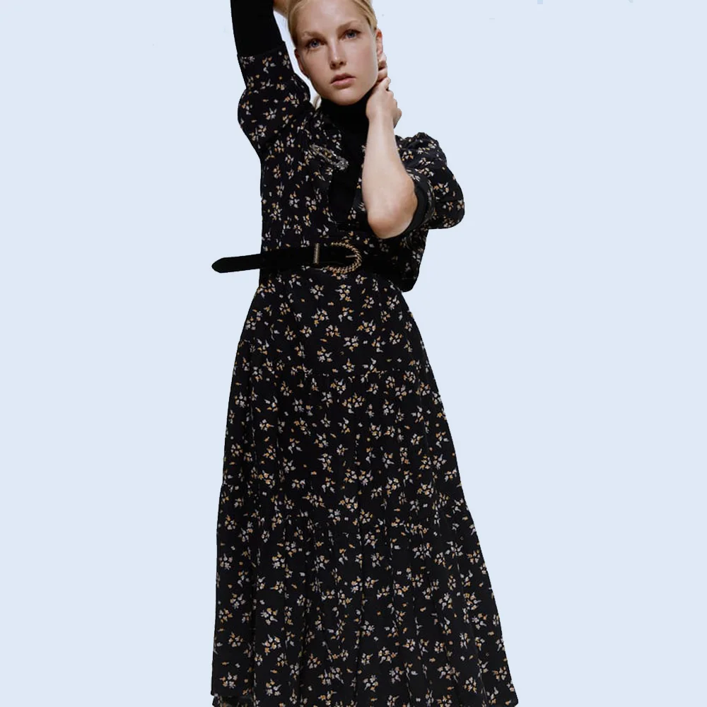ZA Autumn Winter New Black Print Sleeve Dress Fashion Occident Women Clothes Loose Casual Pleated Dress Vacation Travel
