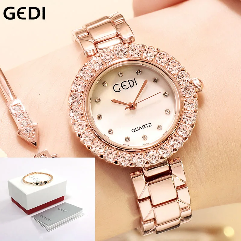 White Box GEDI часы женские золотые часы женские часы Топ Бренд Алмаз Роскошные женские наручные часы девушка платье часы reloj mujer - Цвет: White Box