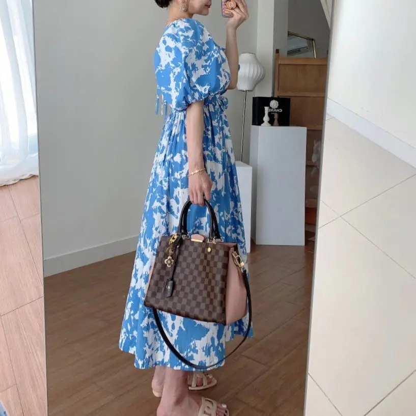 

Dress Women's Summer 2021 New ink Printing Square Long Open Back Lace Up Open Lace Waist Fluffy Short Sleeve Mid Calf Dress