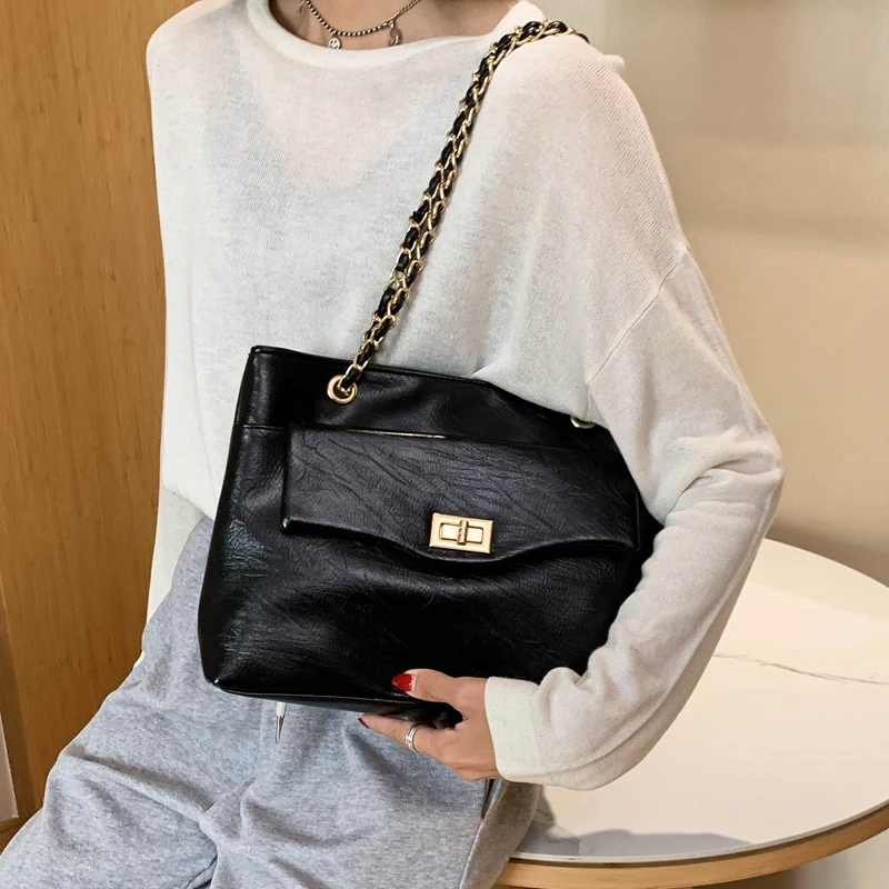 

fashion chains women shoulder bags designer handbags luxury pu leather crossbody bag large capacity tote purses female flap bags
