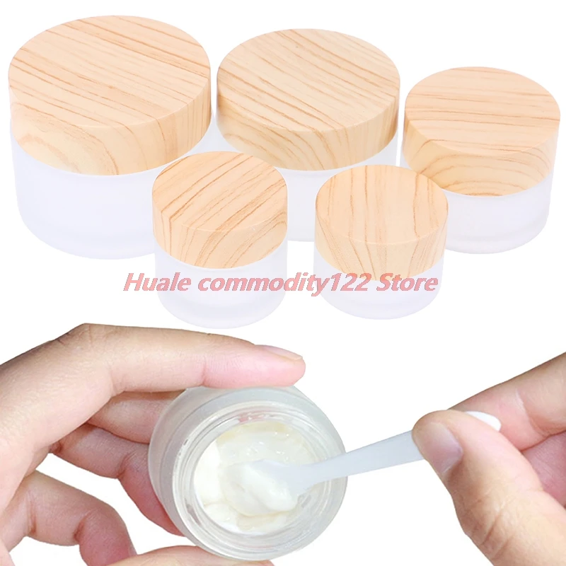 

Hot 5g/10g/15g/30g/50g Frosted Glass Jar Skin Care Eye Cream Jars Pot Refillable Bottle Cosmetic Container With Wood Grain Lid